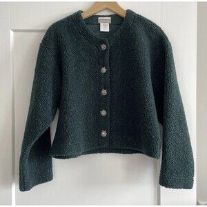 90s Vintage Coldwater Creek Green Sherpa Cardigan Jacket Wolf Buttons Womens S